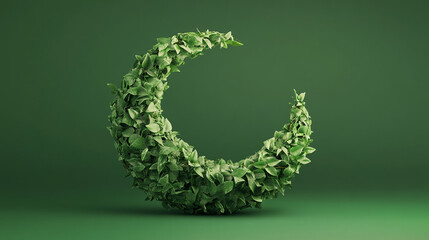 Lush green leaves forming a crescent moon shape against a green backdrop.