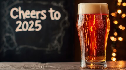 New Year drink, A glass of beer with a frothy head stands in front of a chalkboard reading 