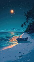 Idyllic tropical beach scene with palm trees silhouetted against a starry night sky and a full moon shining over the tranquil ocean waters