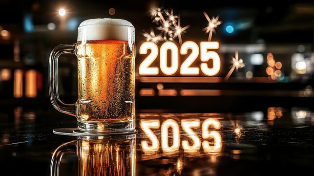 New Year drink, A frosty beer mug sits in front of a glowing "2025," celebrating the upcoming year with a festive, celebratory atmosphere.