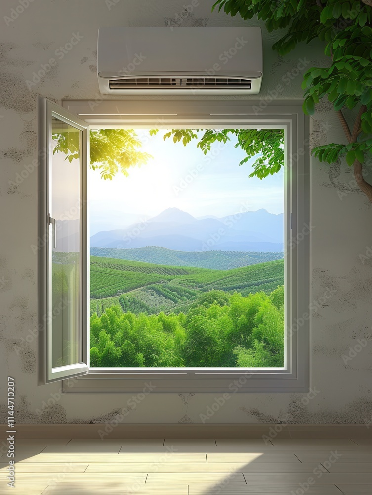 Poster air conditioner mounted on wall with open window overlooking scenic green hills and mountains during