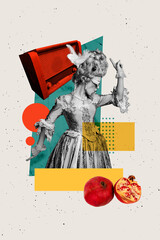 Trend artwork sketch 3D photo collage of elegance powdered wig young lady dance radio music...