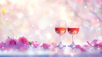 Romantic Glasses of Rose Wine Surrounded by Pink Roses and Petals