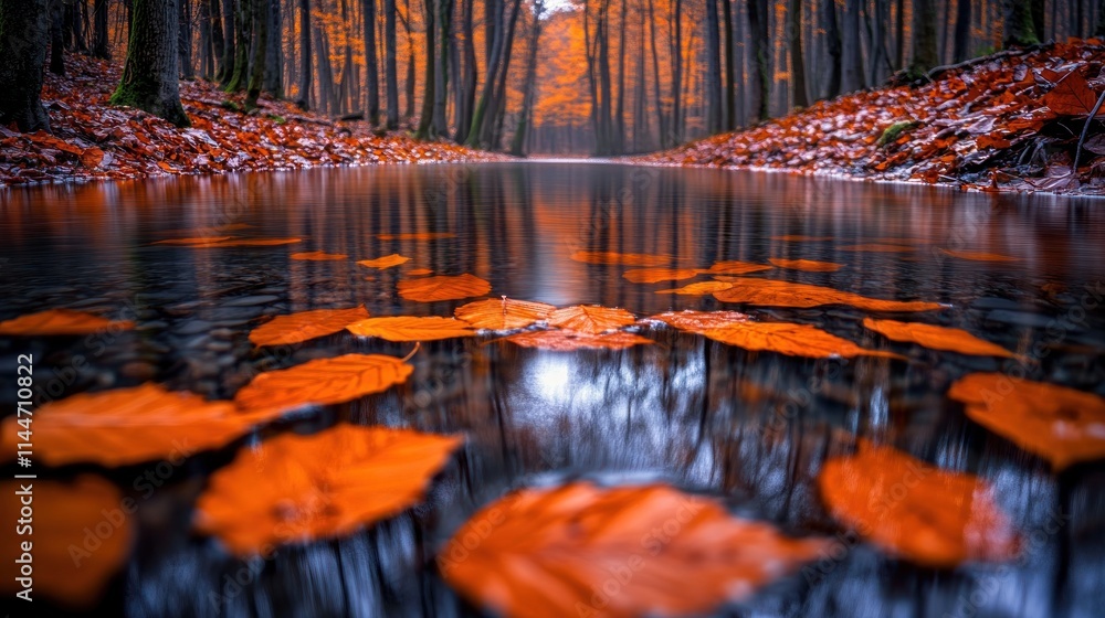 Poster autumn leaves floating on calm stream in forest.