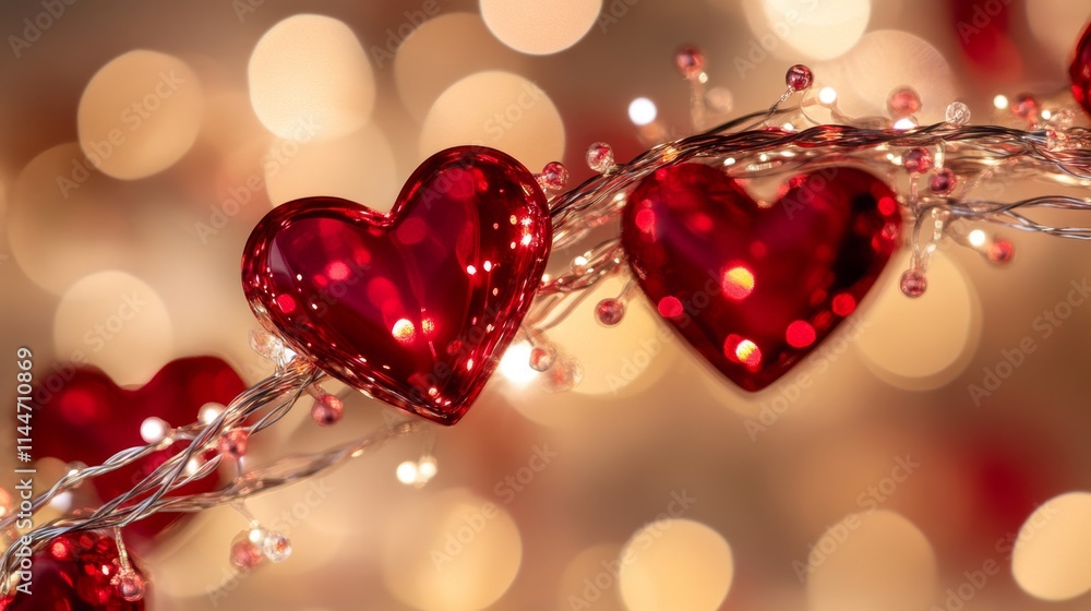 Poster Shimmering Red Heart Decorations with Soft Bokeh Background