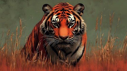 A tiger is standing in a field of tall grass