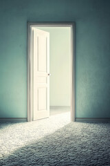 Open White Door Bright Room Blue Walls Stone Floor Opportunity Transition Portal