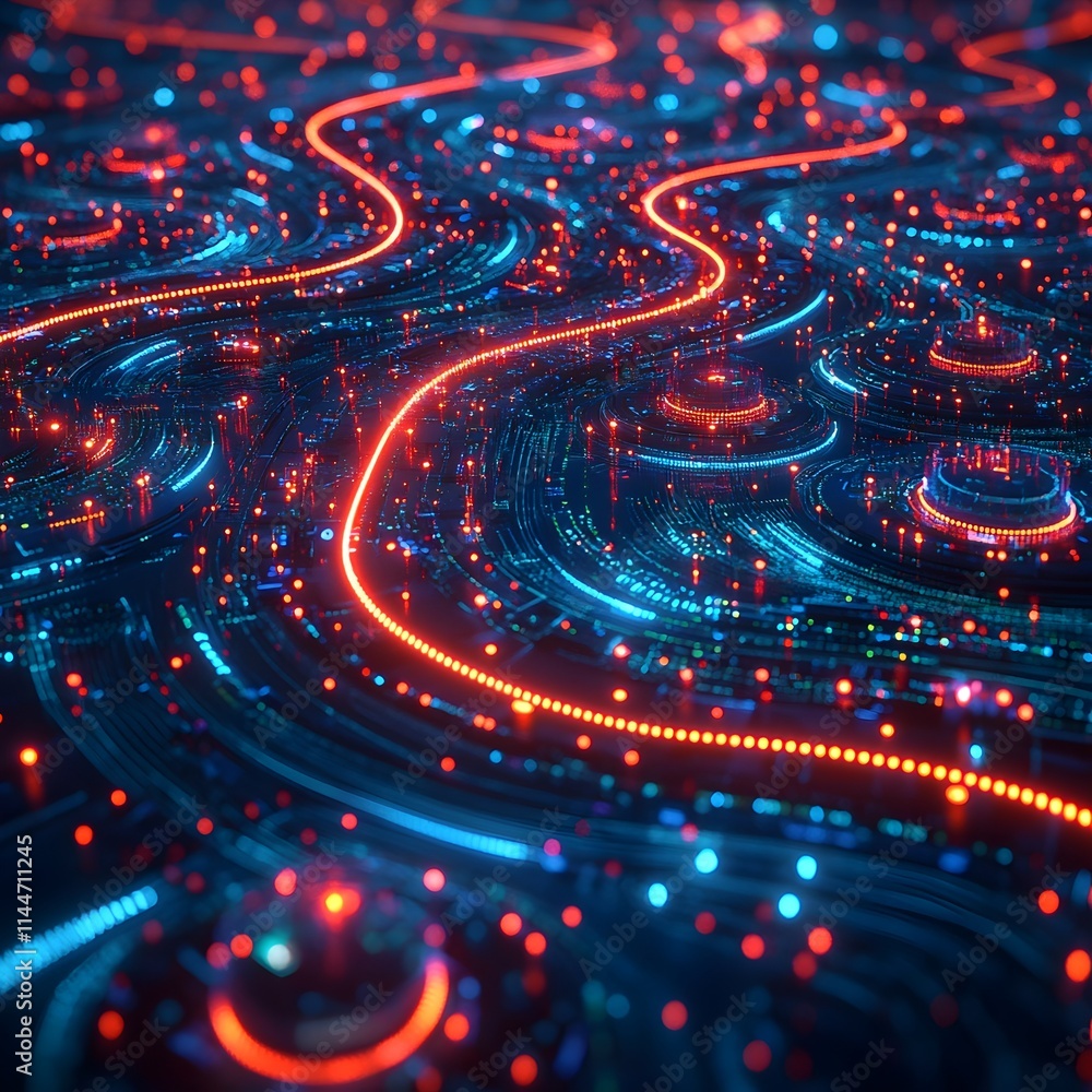 Poster stunning futuristic digital landscape with intricate geometric patterns glowing circuit boards and p