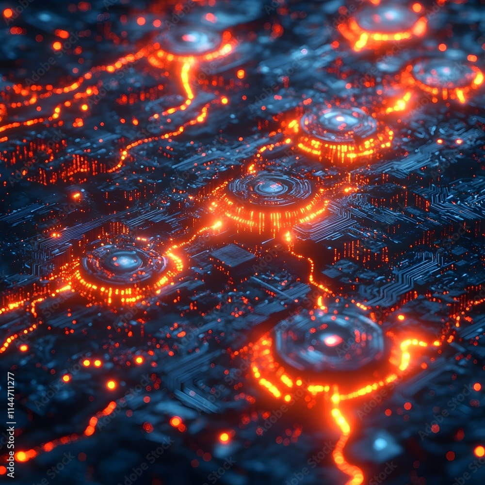 Poster futuristic digital landscape with intricate patterns glowing circuit boards and pulsing energy field