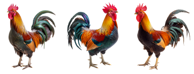 Close up of rooster crowing collection isolated on a white or transparent background, Cut out PNG