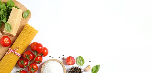 Composition with pasta and cooking ingredients on white background, top view