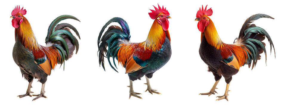 Close up of rooster crowing collection isolated on a white or transparent background, Cut out PNG