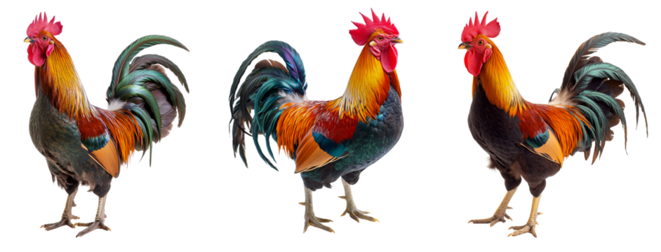 Close up of rooster crowing collection isolated on a white or transparent background, Cut out PNG