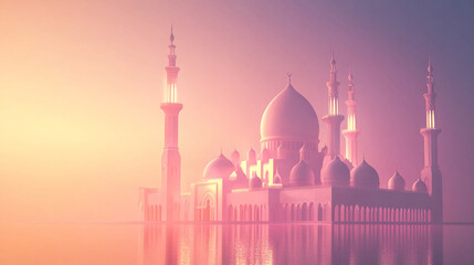 Majestic mosque at sunset, reflecting in calm water.