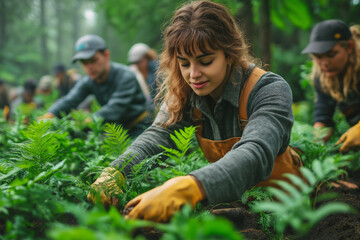Diverse activists unite in reforestation efforts amidst lush greenery. Generative AI