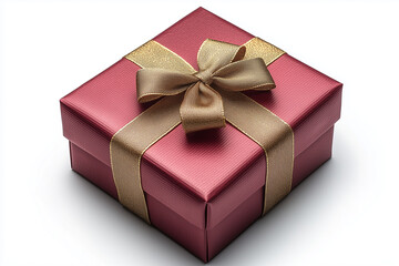 Obraz premium A red gift box tied with a gold ribbon, centered and isolated on white.