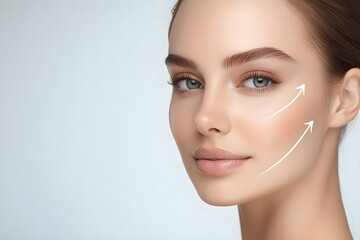 Woman with perfect skin after cosmetic treatment with lifting arrows on her face on light background. Rhytidectomy procedure, facelift surgery, anti age treatment