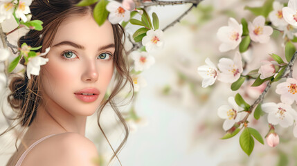 Fototapeta premium Young Woman with Natural Makeup Surrounded by Cherry Blossom Flowers