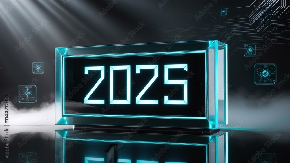 Poster glowing 2025 digital display on tech circuit futuristic background