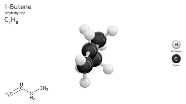 1-Butene. Alkene. Gas. Animated 3D model of a molecule. Molecular formula: C4H8. Chemical model: Ball and sticks. White background. 3D rendering. Seamless loop.