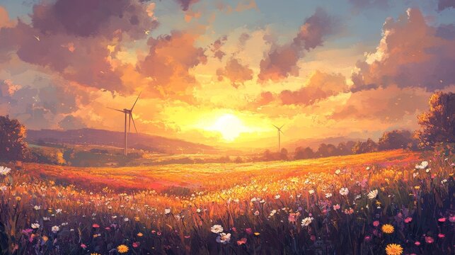 Golden Hour Sunset Landscape with Wind Turbines - Serene sunset landscape, wind turbines silhouetted against a vibrant sky, wildflowers in full bloom, symbolizing peace, renewable energy, nature's bea