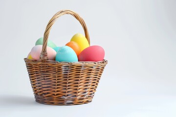 Easter basket filled with colorful eggs on a white background