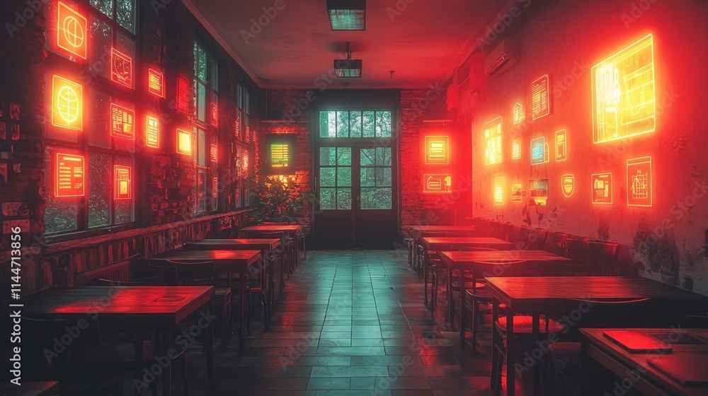 Poster dimly lit caf? with neon artwork and empty tables.