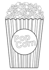Popcorn. Paper bag with the inscription - popcorn. Striped popcorn bag. Vector picture for coloring.	