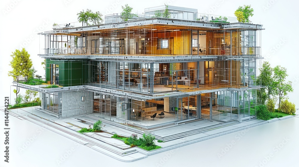 Poster modern architectural design showcasing a multi-level building.