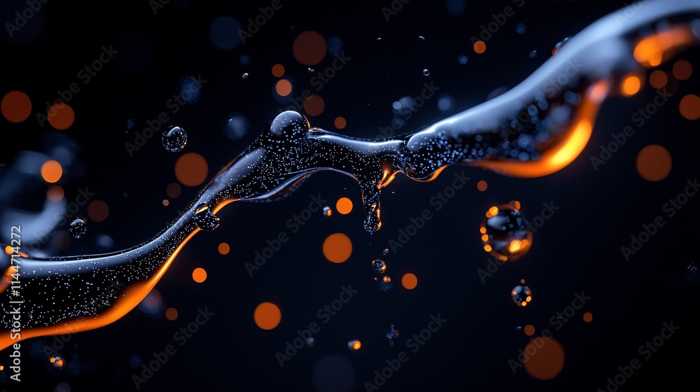 Poster abstract flowing liquid with glowing particles.