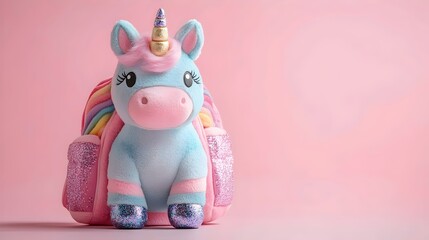 Obraz premium A unicorn is sitting on a pink background with a backpack