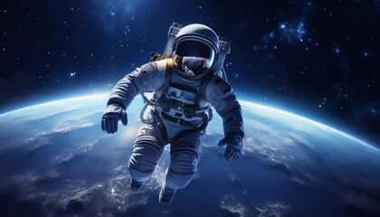 Obraz premium Astronaut Floating in Space with Earth Below, blue color