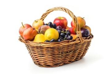 Fruits in basket isolated on white.