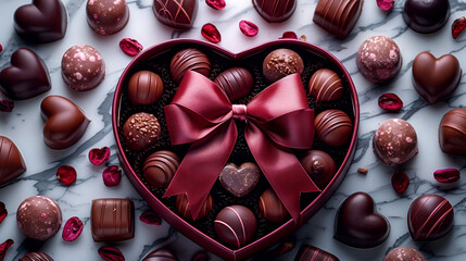 Delightful heart-shaped box of assorted chocolates on a marble surface