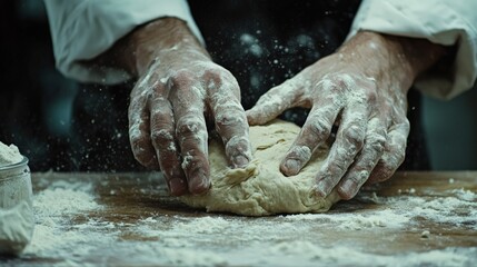 A close-up of a pastry chef's hands folding and kneading dough for artisanal bread on a wooden surface.