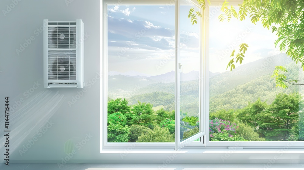 Aufkleber Air conditioner mounted on wall beside open window with scenic view of lush greenery and sunlight. Generative AI
