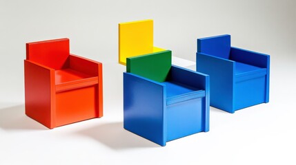 Obraz premium Vividly Colored Modern Children’s Chairs in Red, Blue, Green, and Yellow, Perfect for Playrooms, Classrooms, or Creative Spaces Designed for Young Kids’ Comfort and Fun
