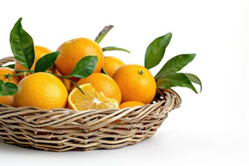 Basket of oranges with leaves  one on surface.