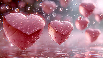 Obraz premium Floating hearts dance gracefully in a rain-kissed garden at sunset