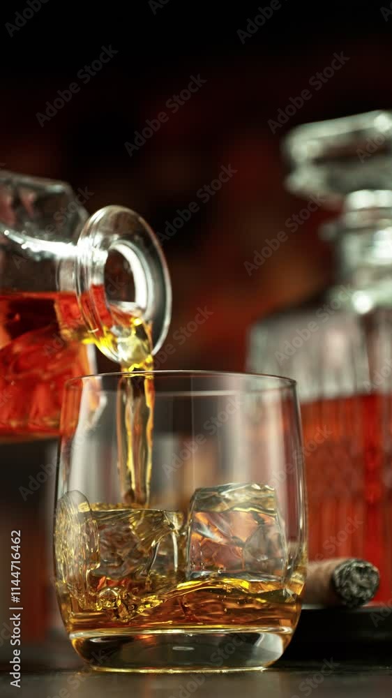 Poster Super Slow Motion of Pouring Whiskey into Glass. Filmed on High Speed Cinema Camera, 1000 fps. Camera placed on Motion Control. Bar on Background, Low Depth of Focus. Vertical Aspect Ratio. Speed Ramp