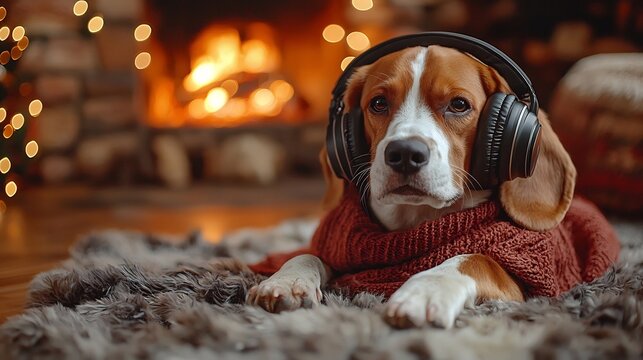 Adorable Beagle Wearing Headphones Enjoying Cozy Indoor Setting with Fireplace