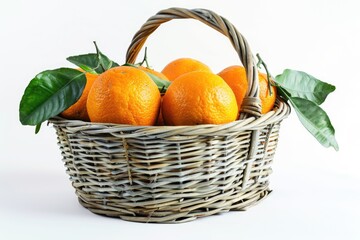 Oranges in wicker basket with leaves  isolated on white.
