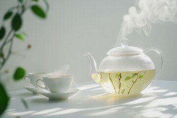 Fototapeta premium Delicate herbal tea is slowly poured from a transparent teapot into a matching cup. Steam rises gently, creating a serene atmosphere against a clean white background. This scene evokes calm and relaxa