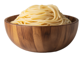 Wooden bowl of plain cooked spaghetti, simple food presentation. Culinary simplicity and natural texture concept