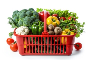 Organic groceries in red shopping basket on white background