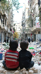 Obraz premium Two children sitting rubble, observing devastated street scene filled with debris and destruction, evoking sense of loss and
