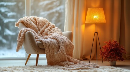 Cozy living room with a warm blanket and lamp