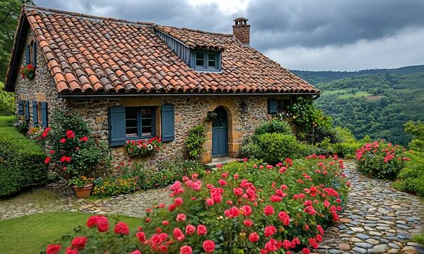 A charming stone cottage surrounded by vibrant rose bushes and a scenic landscape.