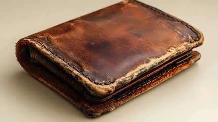 A leather wallet is worn and tattered, with a brown leather exterior