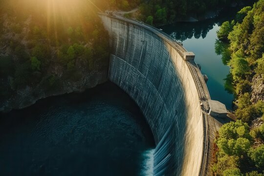 Majestic dam in lush green landscape at sunset for environmental conservation and water management.